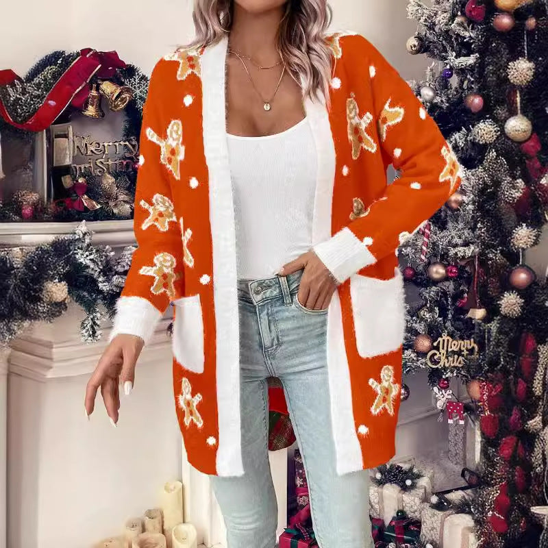 Women's Christmas Cardigan with Festive Gingerbread Motif and Practical Pockets
