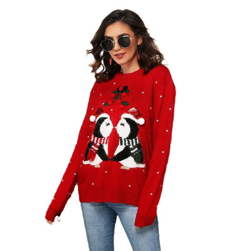 Women's Christmas Sweater with Cute Penguin Motif and Festive Design R&B