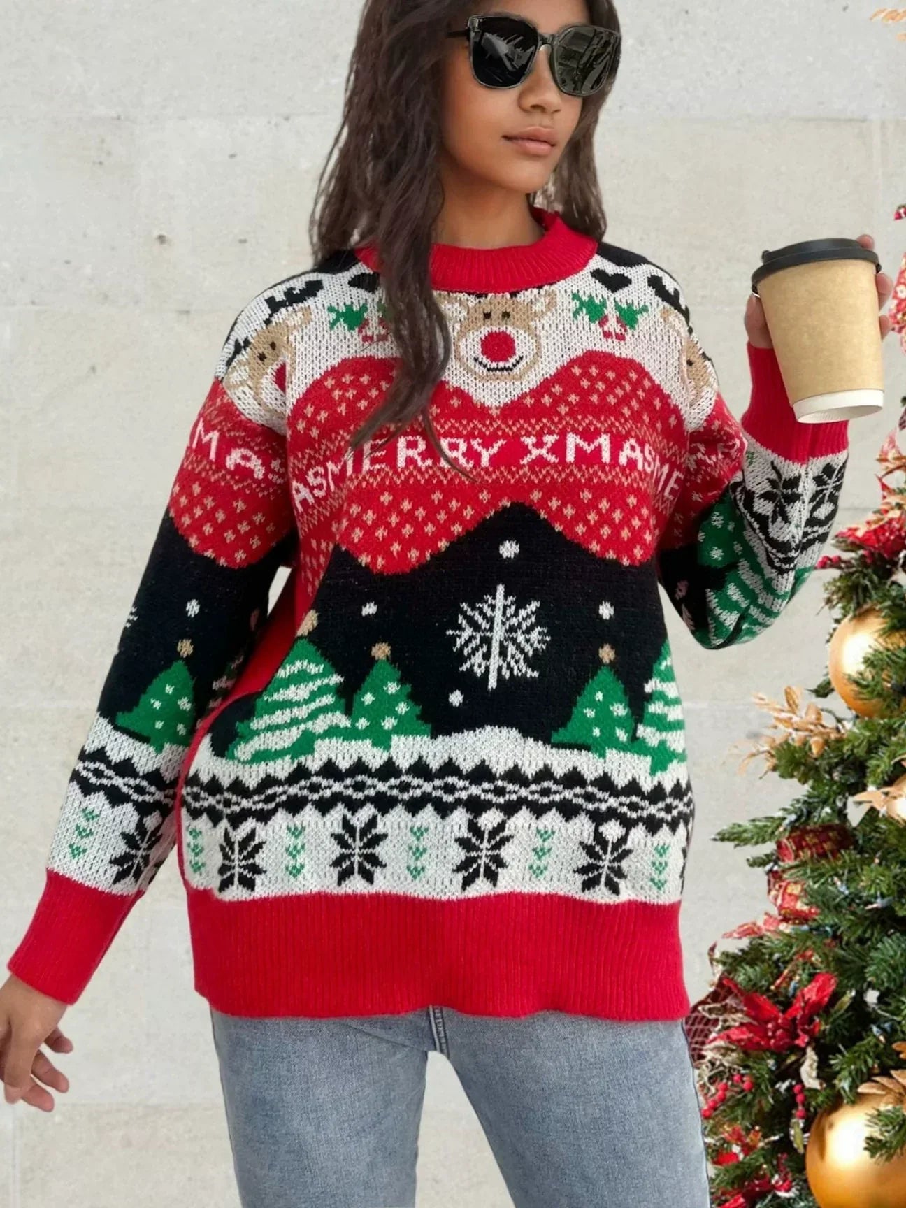 Wool Blend Relaxed Fit Crew Neck Festive Knit Pattern