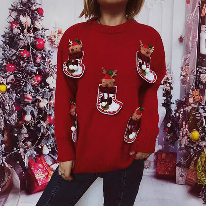 Women's Christmas Knit Sweater with Festive Reindeer Motif and 3D Details