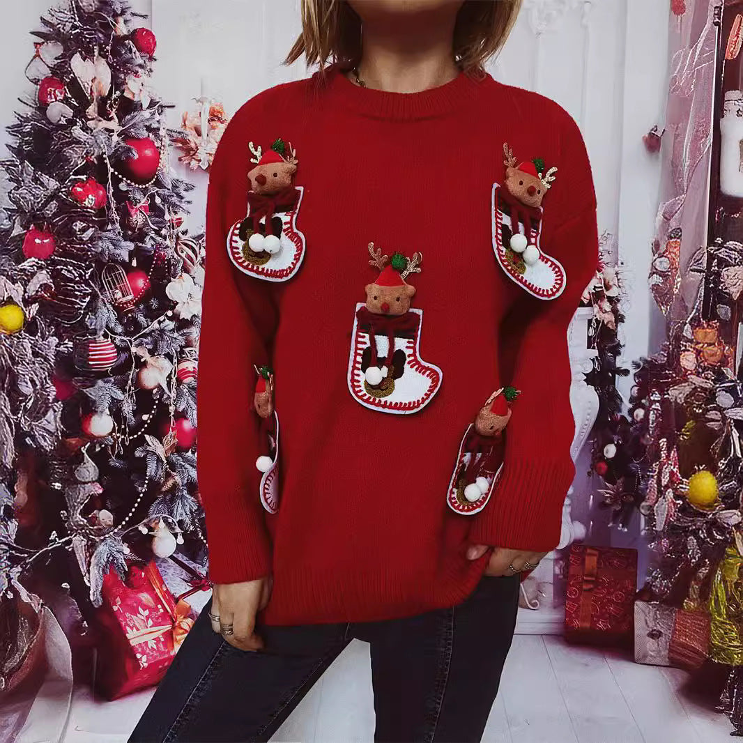 Women's Christmas Knit Sweater with Festive Reindeer Motif and 3D Details R&B