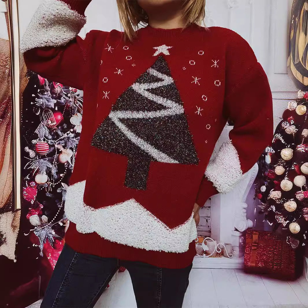 Women's Christmas Sweater with Glittering Tree Motif and Cozy Texture R&B