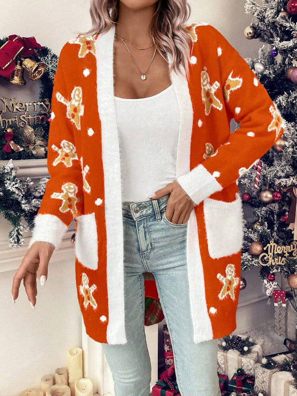 Women's Christmas Cardigan with Festive Gingerbread Motif and Practical Pockets