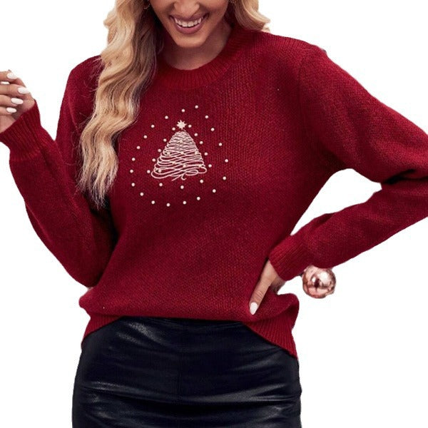 Women's Festive Knit Sweater with Fir Tree Motif and Soft Lined Interior