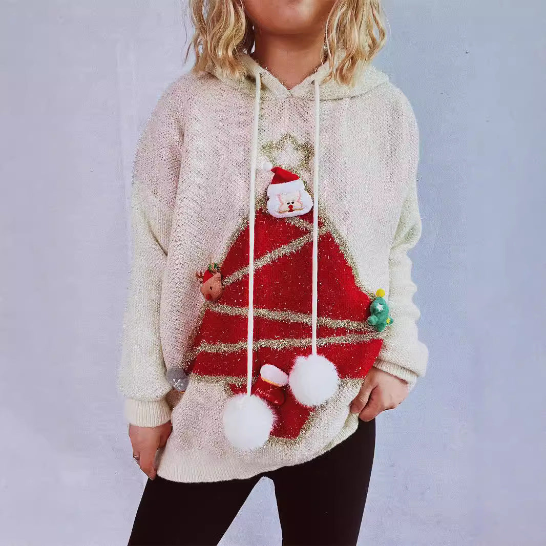 Women's Festive Hoodie with Christmas Motif and 3D Appliqués