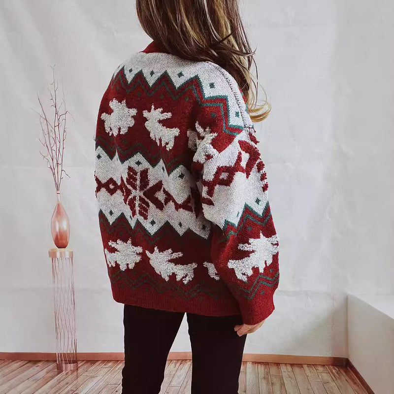 Women's Festive Knit Sweater with Christmas Design and High Collar R&B