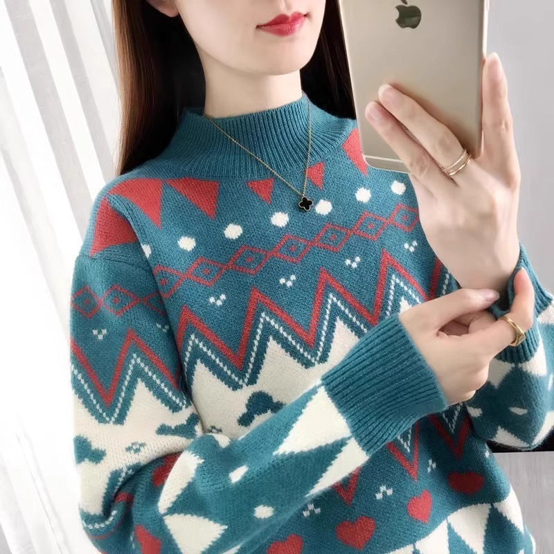 Women's Festive Knit Sweater in Modern Christmas Design with Geometric Pattern and Comfortable Crew Neck R&B