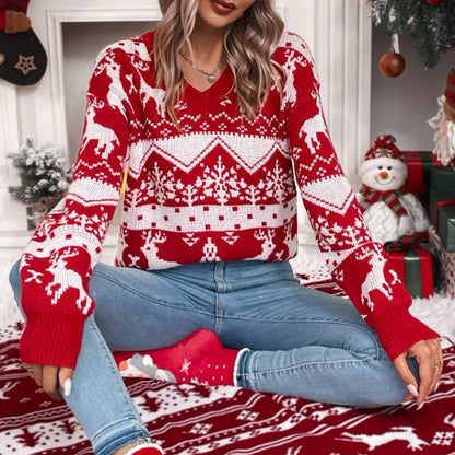 Women's Knit Sweater with Festive Reindeer Design and Deep V-Neck
