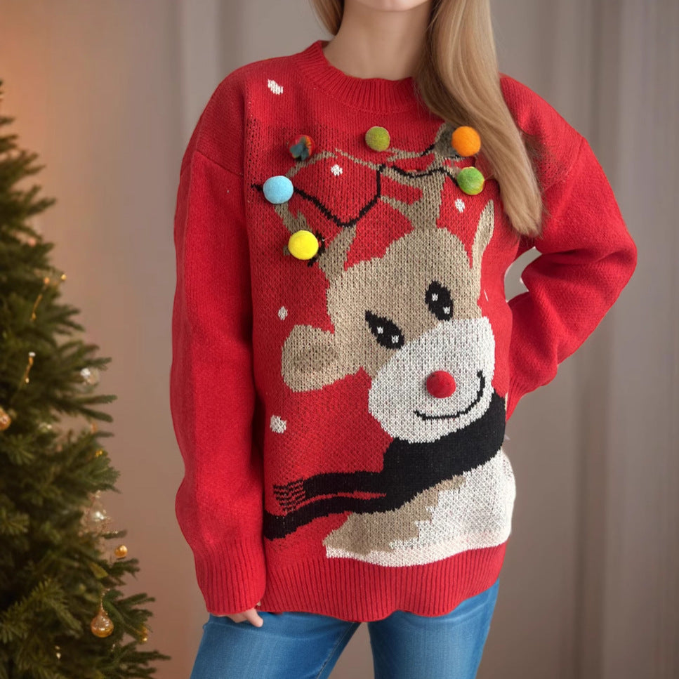 Women's Christmas Sweater with Unique Reindeer Motif and Colorful Appliqués