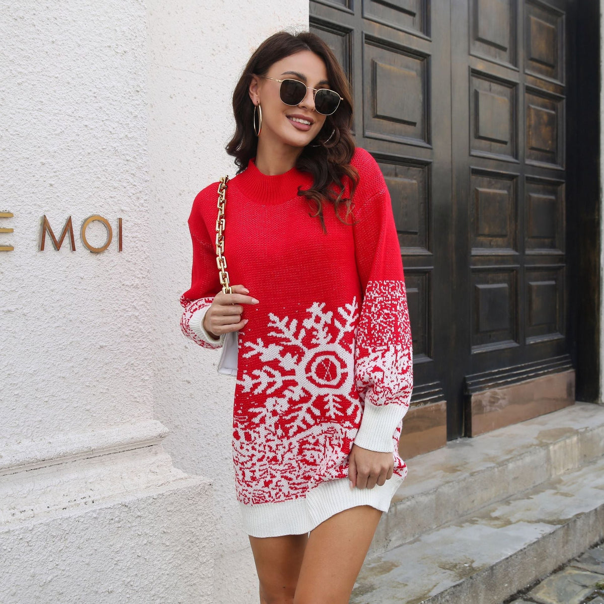 Women's Christmas Knit Dress with Festive Snowflake Pattern R&B