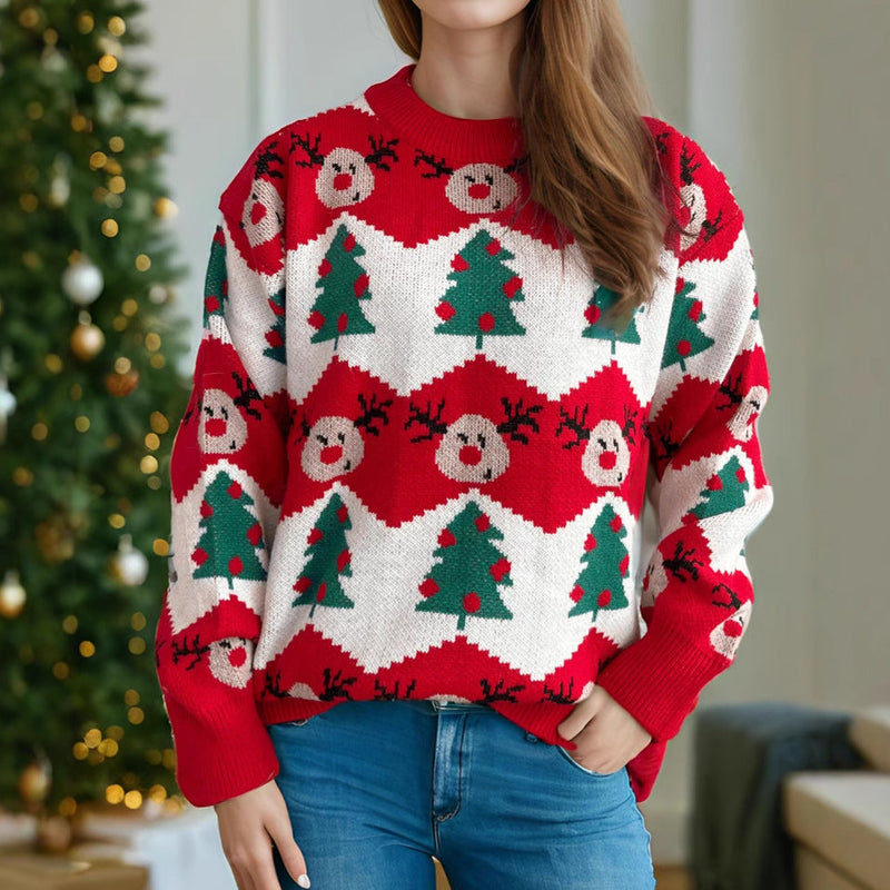 Women's Christmas Sweater with Festive Reindeer and Christmas Tree Motif R&B
