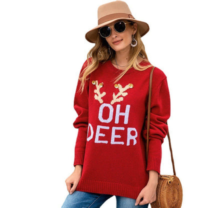 Women's Christmas Sweater with Festive Reindeer Design and Button Details