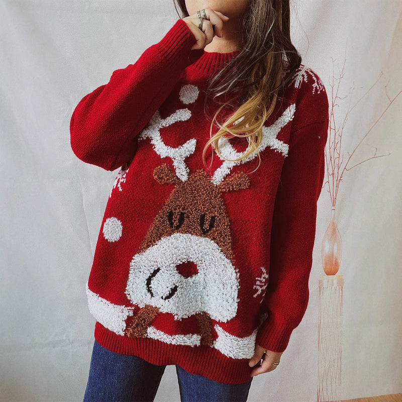 Women's Cozy Christmas Sweater with Funny Reindeer Motif R&B