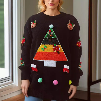 Women's Christmas Sweater with Cheerful Christmas Tree Design and 3D Appliqués R&B