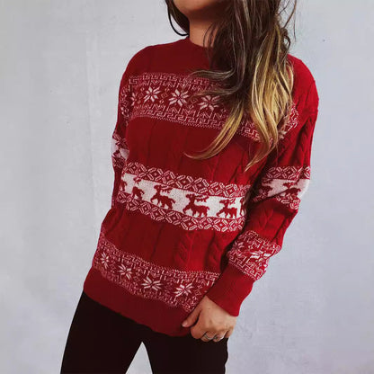 Women's Knit Sweater with Festive Reindeer Motif and Cable Pattern