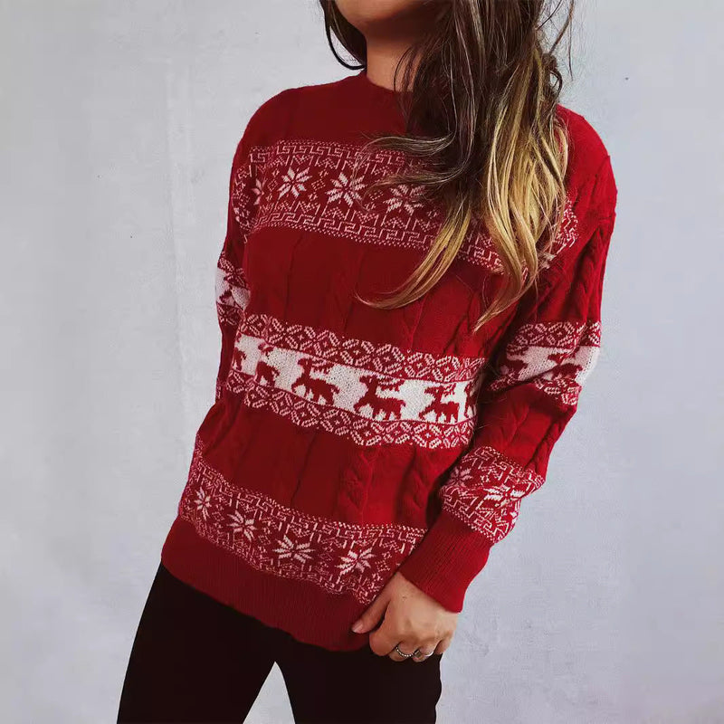 Women's Knit Sweater with Festive Reindeer Motif and Cable Pattern