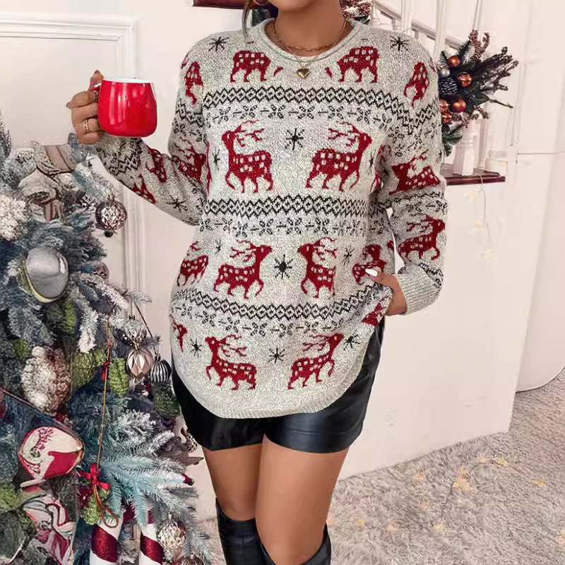 Women's Festive Knit Sweater with Detailed Reindeer Motif and High Collar