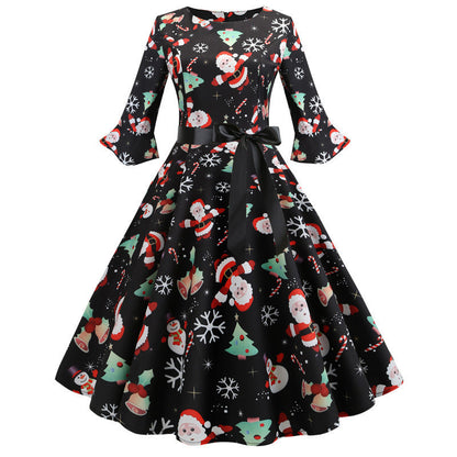 Women's Christmas Festive Dress with Swing Skirt and Long Sleeves