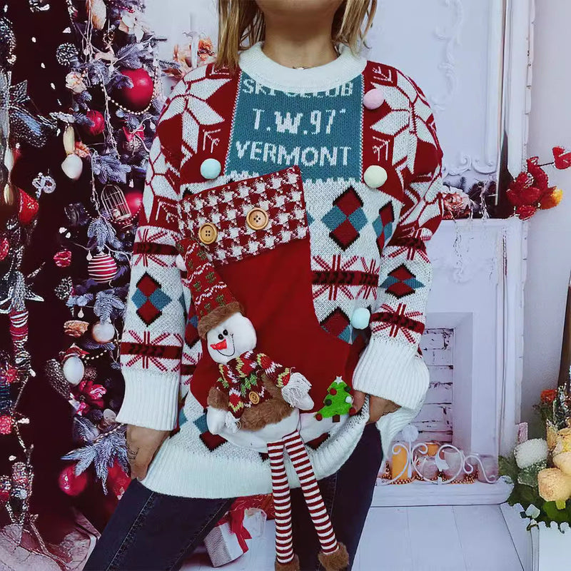 Women's Festive Sweater with Wintry Snowman Motif and Decorative Details