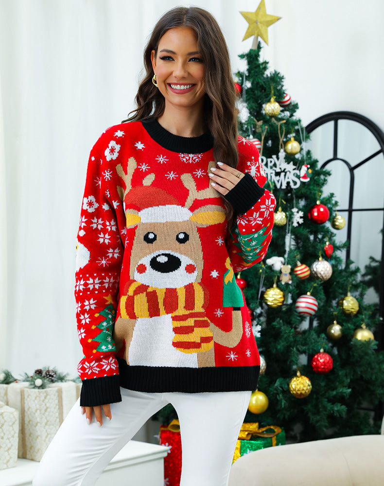 Women's Christmas Sweater with Festive Reindeer Motif and Textured Design