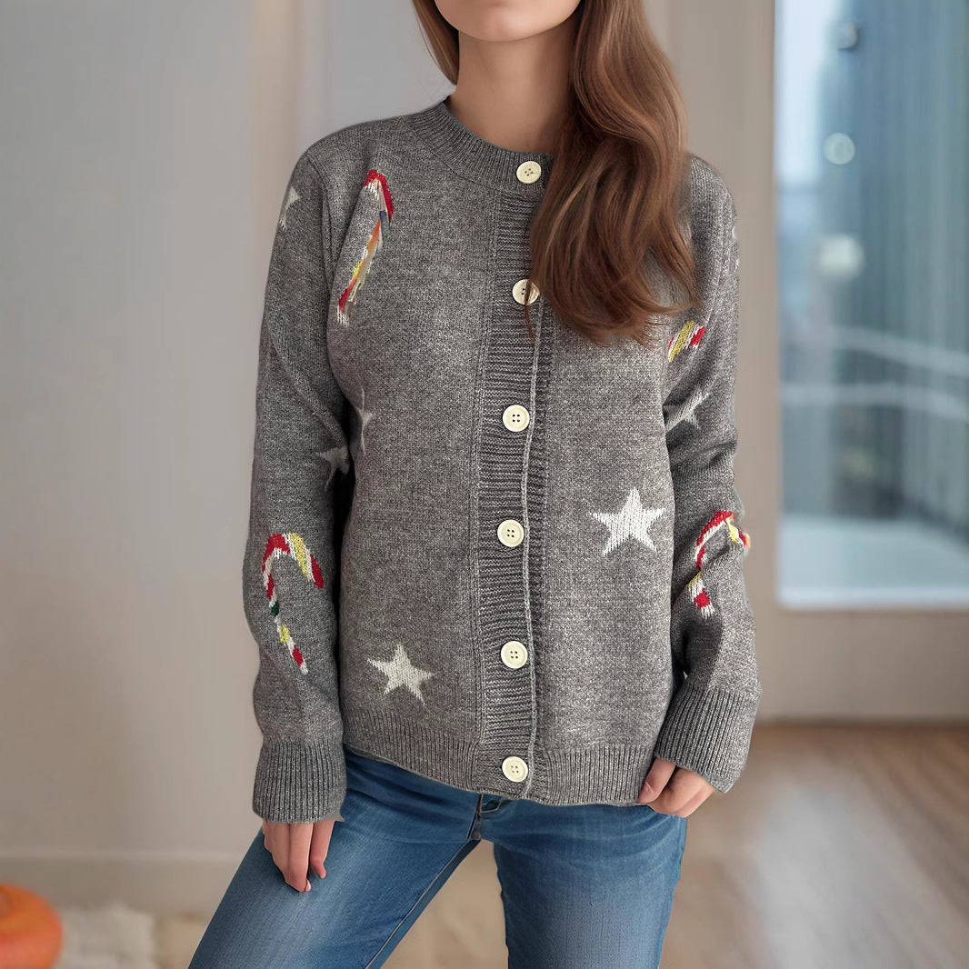 Women's Cardigan with Festive Motif and Decorative Buttons R&B