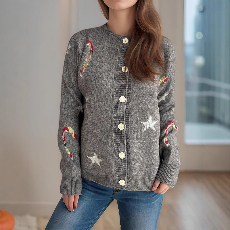 Women's Cardigan with Festive Motif and Decorative Buttons R&B