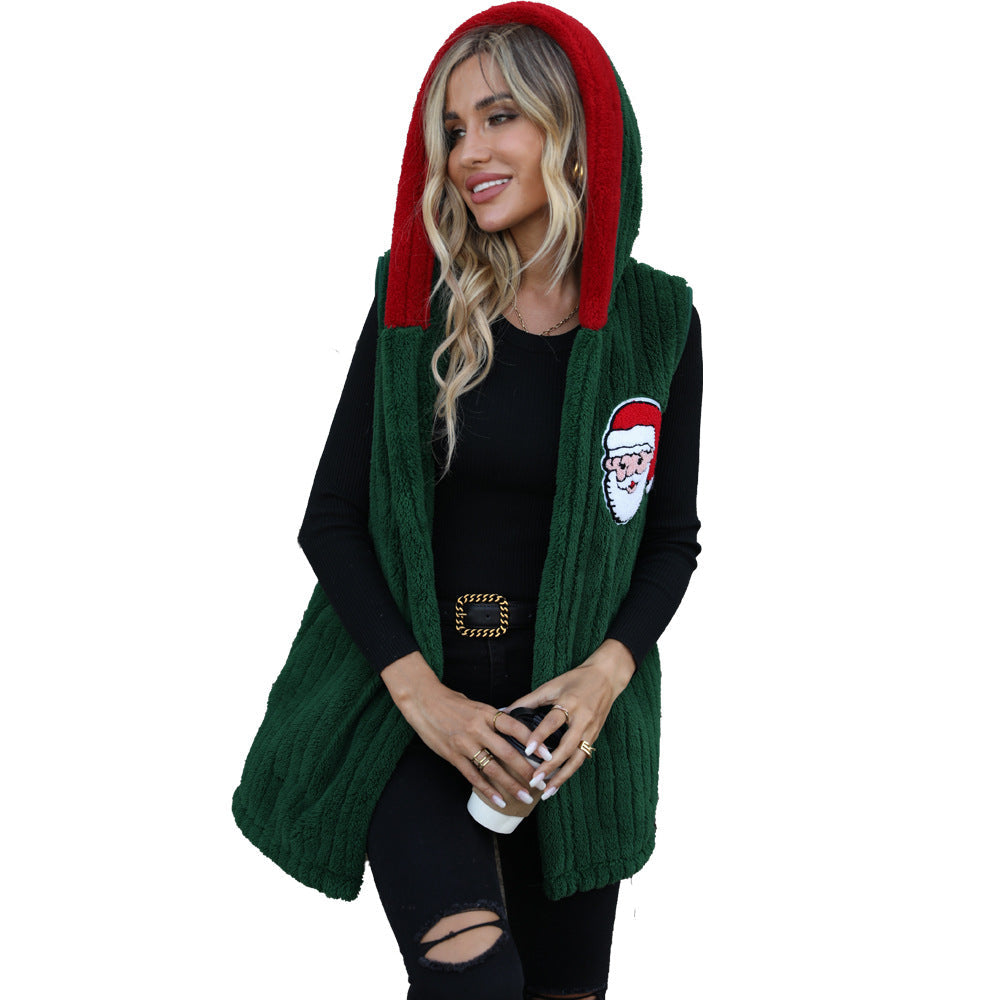Women's Cozy Fleece Vest with Hood and Festive Embroidery