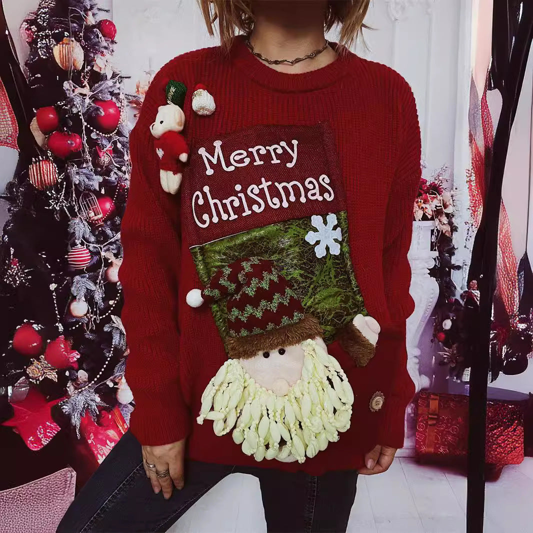 Women's Christmas Sweater with Festive Design and 3D Appliqués