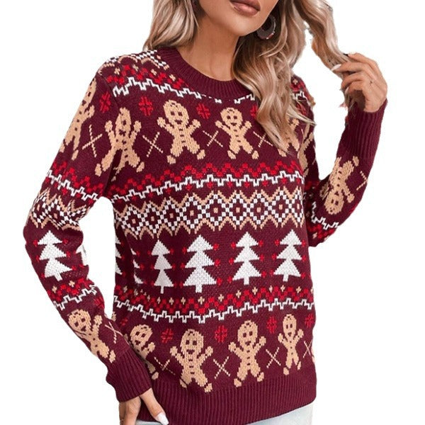 Women's Festive Christmas Sweater with Playful Gingerbread Motif and Classic Crew Neck