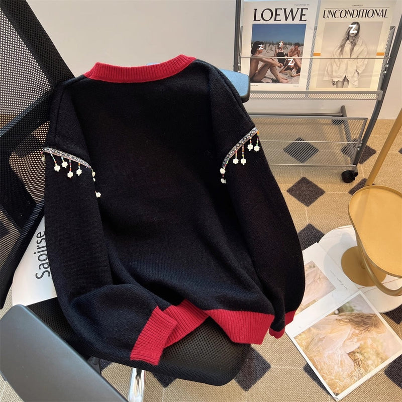 Women's Festive Knit Sweater with Fir Tree Motif and Playful Accents