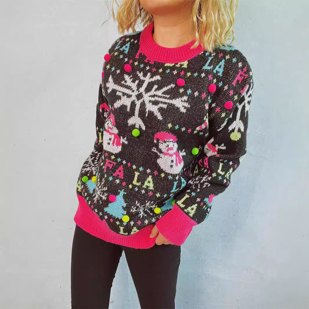 Women's Christmas Sweater with Colorful Appliqués and Festive Design