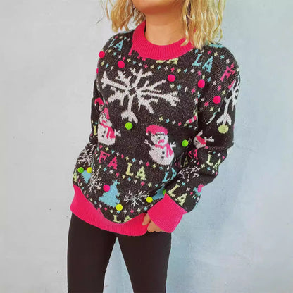 Women's Christmas Sweater with Colorful Appliqués and Festive Design