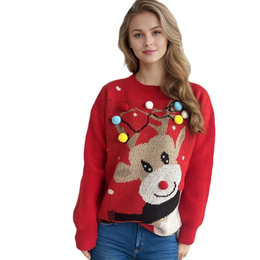 Women's Christmas Sweater with Unique Reindeer Motif and Colorful Appliqués R&B