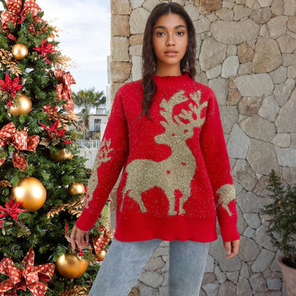 Women's Christmas Sweater with Glitter Design and Reindeer Motif