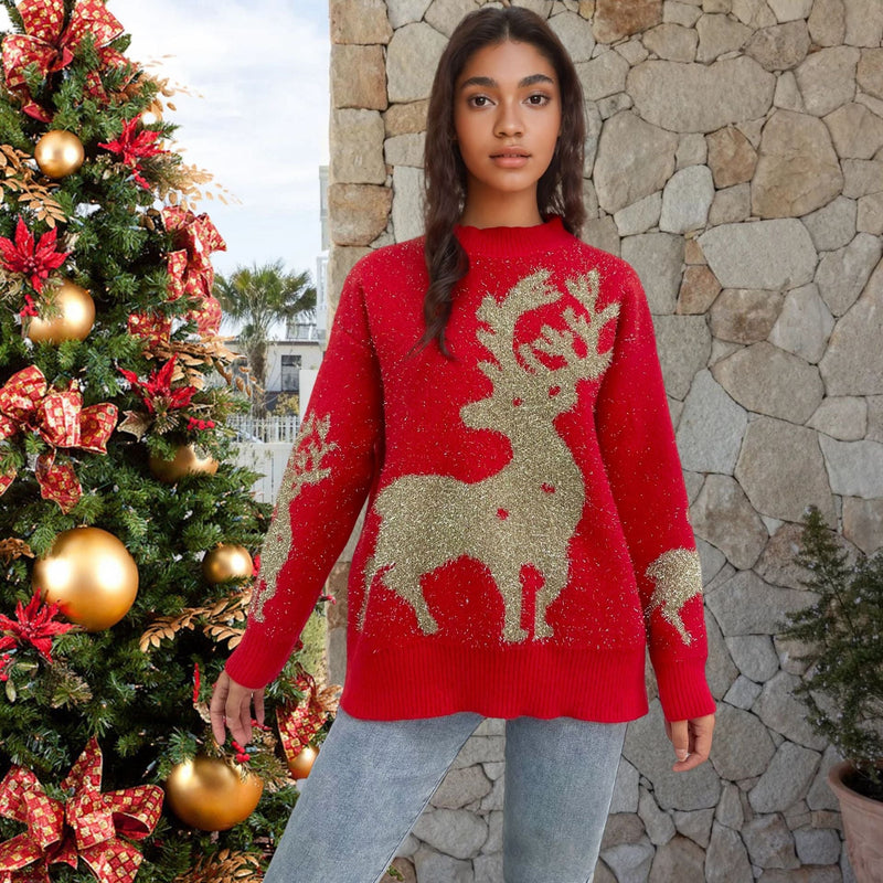 Women's Christmas Sweater with Glitter Design and Reindeer Motif
