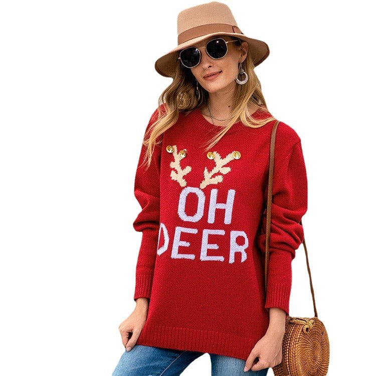 Women's Oversized Knit Sweater with Festive Motif R&B