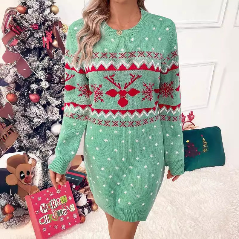 Women's Festive Knit Dress with Christmas Motif and Crew Neck
