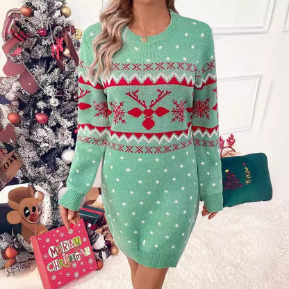 Women's Festive Knit Dress with Christmas Motif and Crew Neck