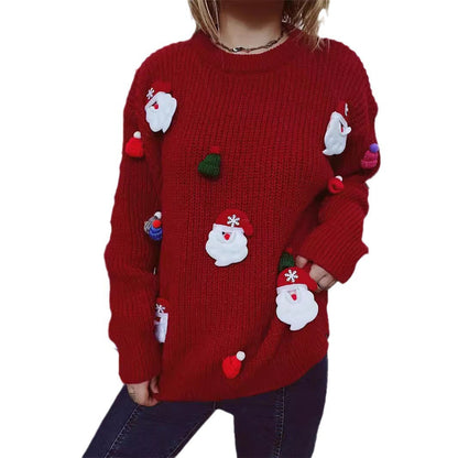 Women's Christmas Sweater with Festive Santa Motif and Textured Knit Quality