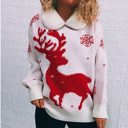Women's Christmas Sweater with Festive Reindeer Motif and Soft Collar R&B