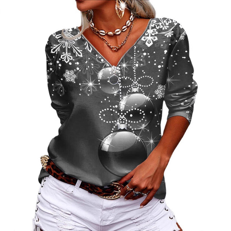 Women's Casual V-Neck Long Sleeve with Festive Ball and Snowflake Print