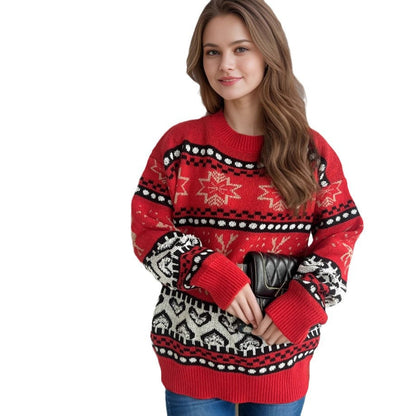 Women's Festive Knit Sweater with Christmas Reindeer Motif and Detailed Pattern R&B