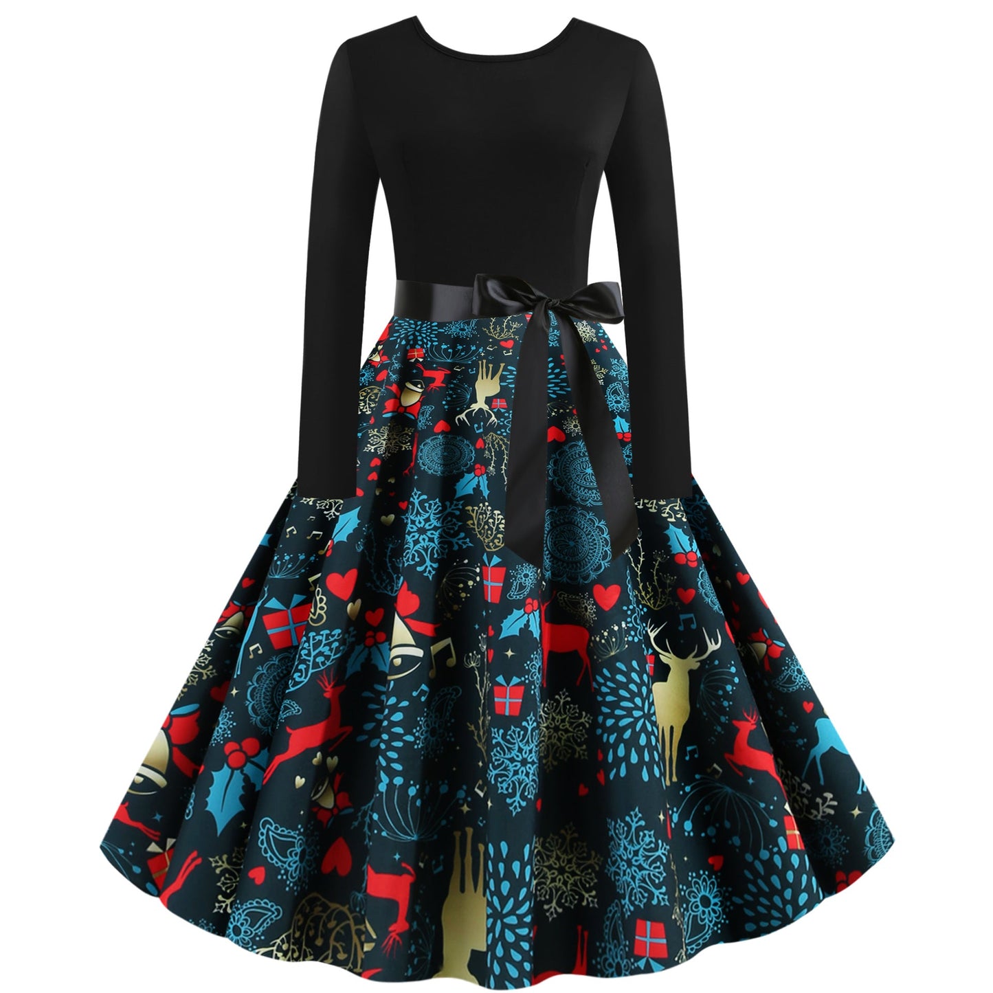 Women's Skirt with Colorful Christmas Pattern and Elegant Waist Tie