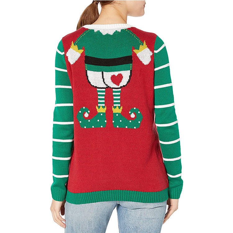 Women's Christmas Sweater with Cheeky Elf Motif and Striped Sleeves R&B