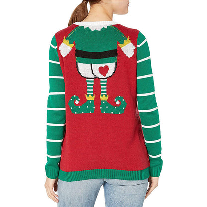Women's Christmas Sweater with Cheeky Elf Motif and Striped Sleeves R&B