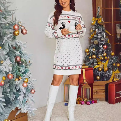 Women's Christmas Knit Dress with Playful Reindeer Design and Elegant Crew Neck