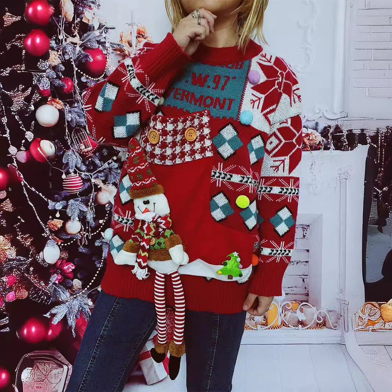 Women's Festive Sweater with Wintry Snowman Motif and Decorative Details