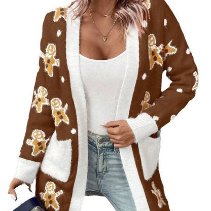 Women's Christmas Cardigan with Festive Gingerbread Motif and Practical Pockets