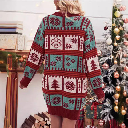Women's Christmas Knit Dress with Festive Pattern and High Collar