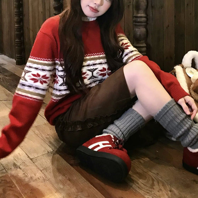Women's Cozy Knit Sweater with Festive Pattern Mix